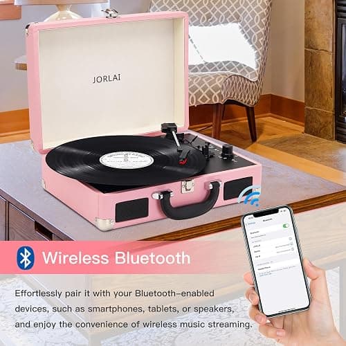 Jorlai Vinyl Record Player 3 Speed Turntable with Bluetooth, Built in Battery, Portable Suitcase, Built in Speakers, 3.5mm Headphone Jack Aux in/RCA Out Pink for Home Decoration Gift thumbnail 3