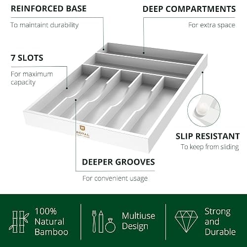 ROYAL CRAFT WOOD Luxury Bamboo Kitchen Drawer Organizer - Silverware Organizer - Utensil Holder and Cutlery Tray with Grooved Drawer Dividers for Flatware and Kitchen Utensils (7 Slot, White) thumbnail 5