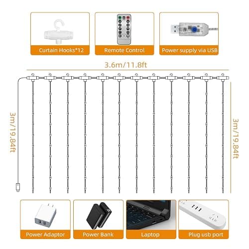 Jsdoin Lichtervorhang,3.6x3m 360leds Lichterketten Vorhang Lichterkettenvorhang 8 Modi mit Timer für Lichterkette Fenster Innen Außen Deko,Weihnachten Party, Zimmer, Schlafzimmer, Hochzeit (Warmweiß) thumbnail 4
