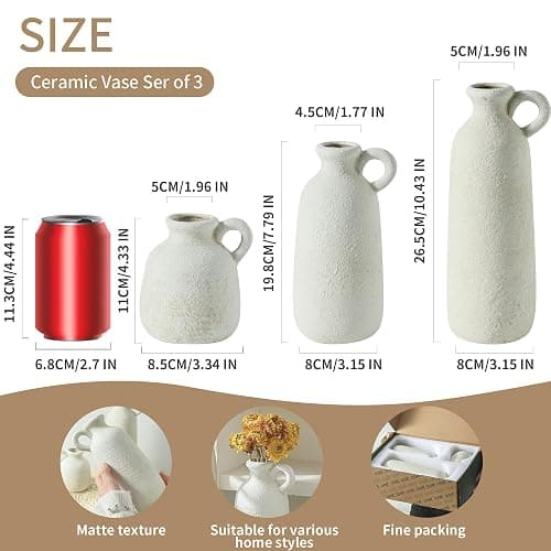Ceramic Vase Set of 3 with Handle, Neutral Rustic Vases Home Decor Farmhouse Decorative Vase Whitewashed Pottery Decor Modern for Table Mantel Entryway Bookshelf Living Room Kitchen Bedroom - White thumbnail 2
