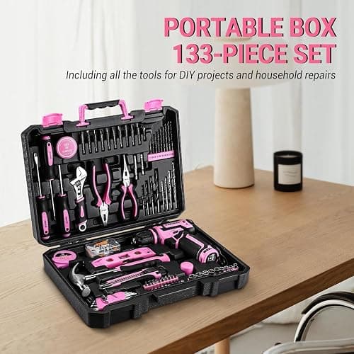 Pink Drill Tool Set Kit DEKOPRO Power Cordless Drill Tool Box with 12V Electric Pink Drill Driver Set for Women Home Hand Repair Tools Sets Drills Case thumbnail 5