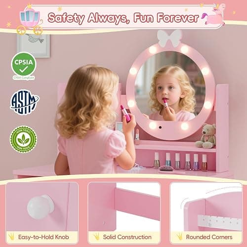 MU Kids Vanity Table and Chair Set – Princess Girls Vanity Set with Mirror, Lights, Jewelry Storage, and Cushioned Stool, Toddler Makeup Vanity for Little Girls (Pink) thumbnail 4