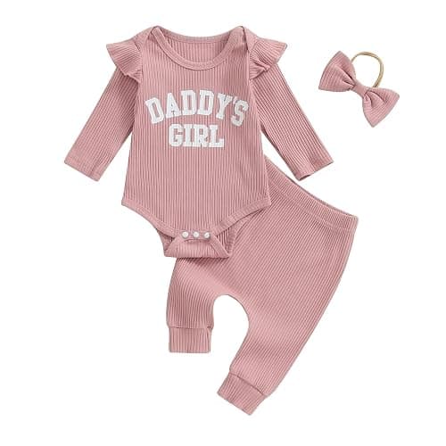 Tsnbre Newborn Baby Girl Outfits Daddys Girls Ruffle Long Sleeve Romper Top Pants Headband Infant Fall Winter Clothes - Image 1