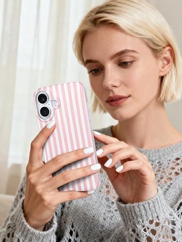 Compatible with iPhone 16 Case, with Aesthetics Striped Design Case for Women Girl, Cute Fashion Simple Soft TPU Slim Protection Phone Case for iPhone 16 6.1'' - Light Pink & White thumbnail 6