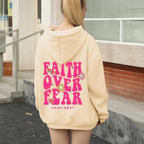 Lubpow Girl's Faith Over Fear Hoodie Christian Religious Inspirational Sweatshirt for Teen Girls Cute Cartoon Graphic Hoodies thumbnail 4