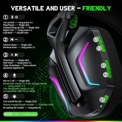 WESEARY Wireless Gaming Headset for Xbox Series X|S, Xbox One, PS5, PS4, PC, Mac, Switch, 2.4GHz + Bluetooth Over-Ear Gaming Headphones with ENC Mic, 3D Stereo, Dynamic LED Lights, 50mm Drivers, 50H thumbnail 8