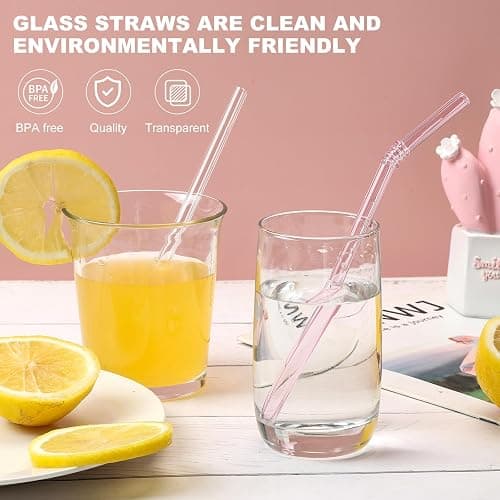 FBAJOJO, coloured glass straws, 8 inch long, 8 mm diameter, 12 wear resistant heat resistant straws, with 4 straw cleaning brushes, 6 straight, 6 curved design thumbnail 5