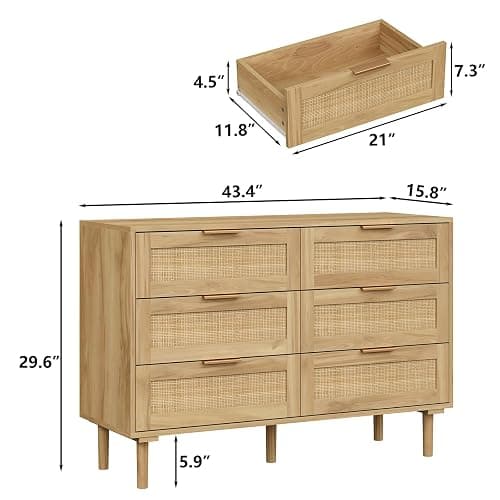 Furniouse 6 Drawer Rattan Dresser for Bedroom Wood Boho Dressers with Solid-Wood Legs & Natural Real Rattan Drawer, Modern Chest of Drawers Beside Table for Bedroom, Living Room thumbnail 2