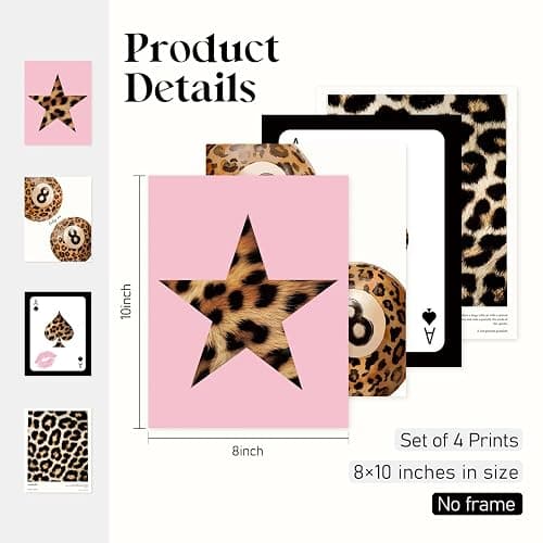 Locomiss Pink Leopard Wall Art Decor Posters, Trendy Y2K Leopard Girly Prints, Pink Funky Retro Cheetah Print Lucky 8 Ball Posters for Teen Girls Room College Dorm Decor, Set of 4 (8x10 Unframed) thumbnail 2