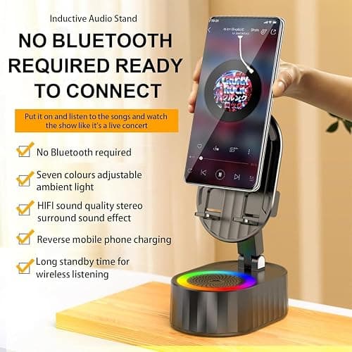 AKLLCCR Wireless Induction Audio Bluetooth Speaker 5in1 Phone Holder Emergency Rechargeable (3000mAh) with Colorful Ambient Light 300° Foldable for Tablet iPhone Android, Gifts for Men Women (Black) thumbnail 2