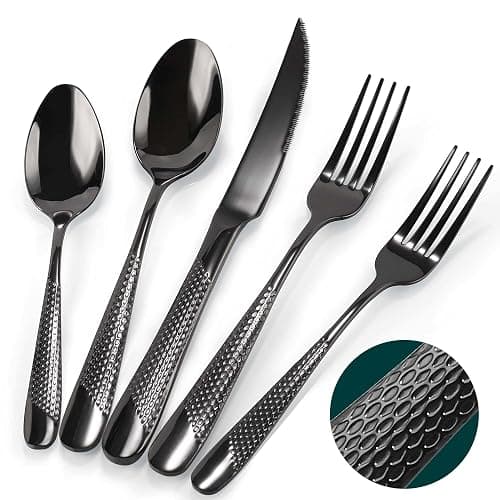 PUREAIN Silverware Set, 30 Pieces Black Hammered Flatware Set for 6, Mirror Polished Stainless Steel Cutlery Set for Home, Kitchen, Restaurant and Hotel, Dishwasher Safe - Image 1