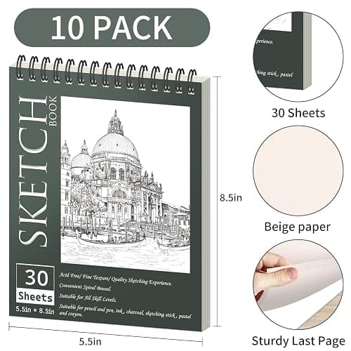 OSIMIG 10 Pack 5.5" x 8.5" Sketch Books, 300 Sheet Drawing Paper, Mini Sketchbook for Kids, Drawing Pad, Top Spiral Bound Sketch Pad for Beginger, Adult Art Supplies thumbnail 2