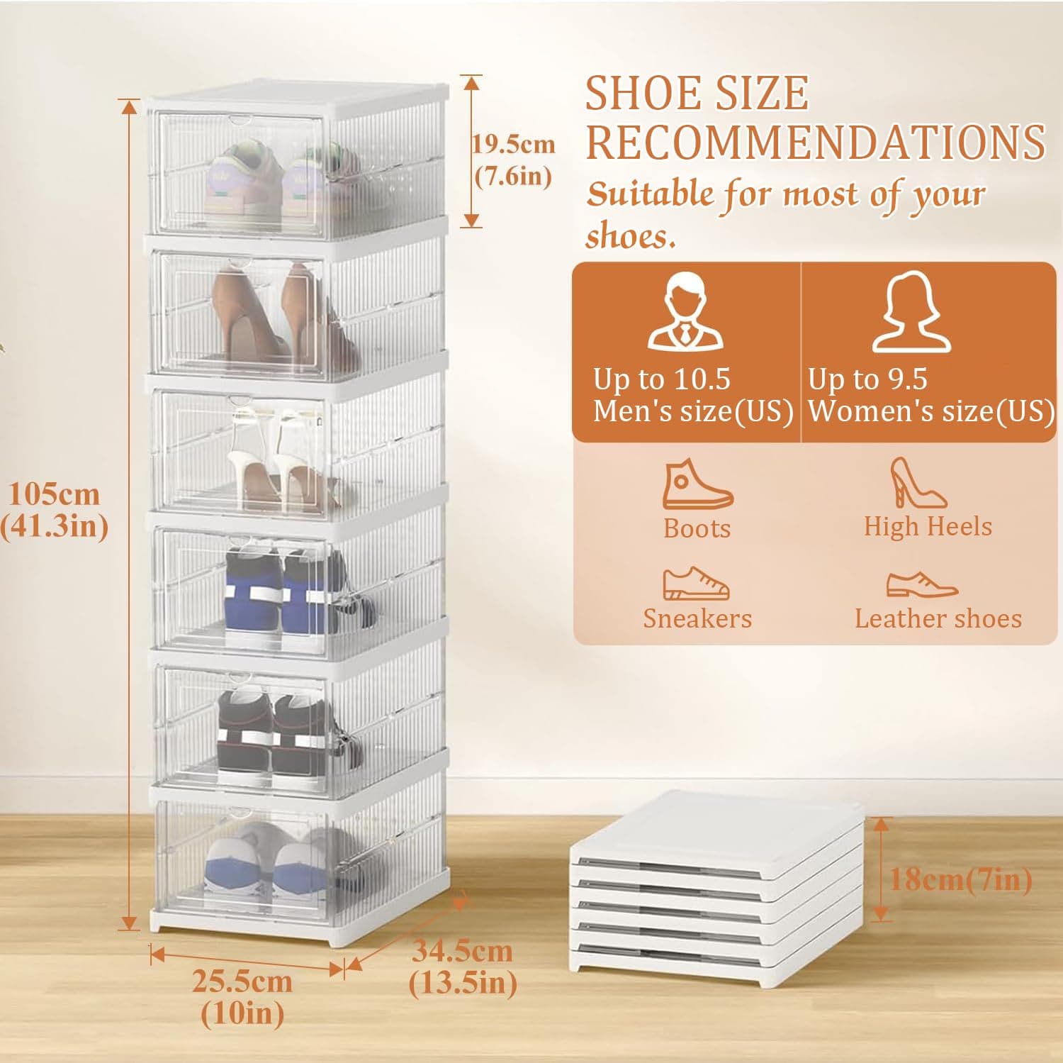 6 Niveles Zapatera Organizador，Caja de zapatos transparente plegable，Caja de Zapatos de Plástico con Tapa,Zapatera Apilable，Adecuado para Sala de Estar, Armario, Dormitorio thumbnail 3