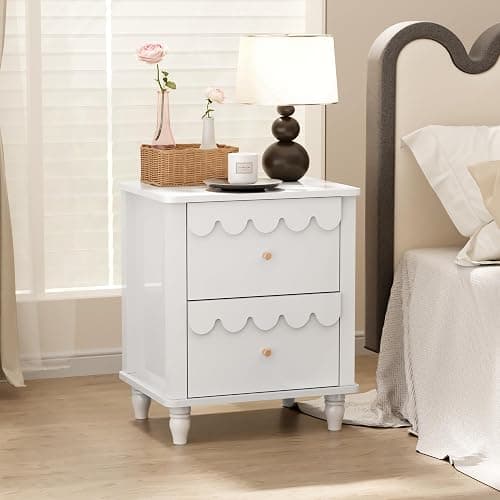 White Nightstand Side End Table with 2 Drawers, Modern Wood Night Stand with Petal Pattern for Bedroom, Scalloped Bedside Night Tables with Solid Wood Legs thumbnail 8