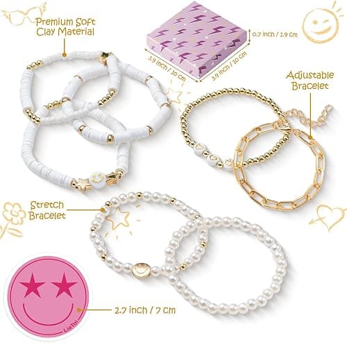 LieToi Preppy Heishi Bracelets Set Colorful White Gold Smile Heart Star Evil Eye Beaded Polymer Clay Pearl Stackable Charm Y2K Kidcore Summer Beach Bohemian Layering Bracelets Jewelry for Women Girls Teens thumbnail 3