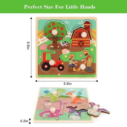 Wooden Peg Puzzles for Toddlers 1-3, Kids' Educational Preschool Peg Puzzle Toy, Set of 4 Toddler Puzzles - Farm, Dinosaur, Fruit and Marine Animals, Ideal Gift for Ages 1 2 3 Boys and Girls - Style a thumbnail 3