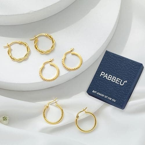 PABBEU Gold Hoop Earrings for Women Sterling Silver Post Small Gold Hoop Earrings 14k Real Gold Tiny Hypoallergenic Small Hoop Earrings Set for Women Men 13/15 /20mm thumbnail 4