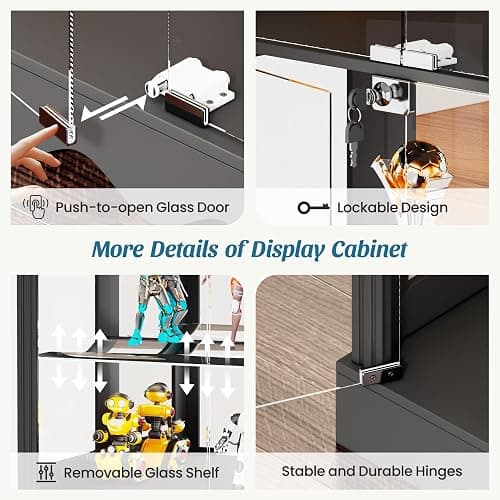 Dystler Display Cabinet with Glass Doors, RGB Lights for Collectibles | 71'' Tall with Adjustable Shelves, Human Sensor LED Lighting Curio Cabinet, Black thumbnail 6
