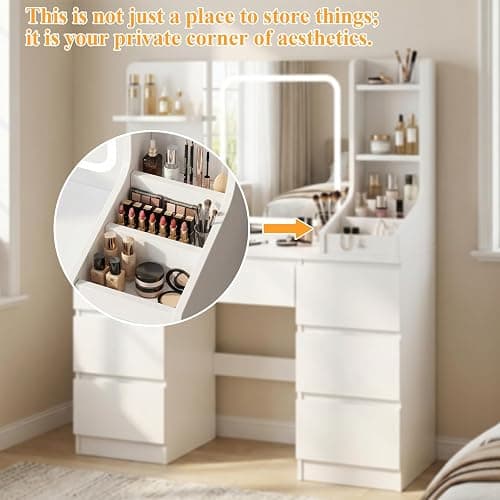 TRIUMPHKEY Dressing Table, Vanity Desk with LED Mirror,White | Vanity Table with 7 Drawers, 4 Shelves and 3 Open Compartments for Bedroom, 108x40x139cm thumbnail 4