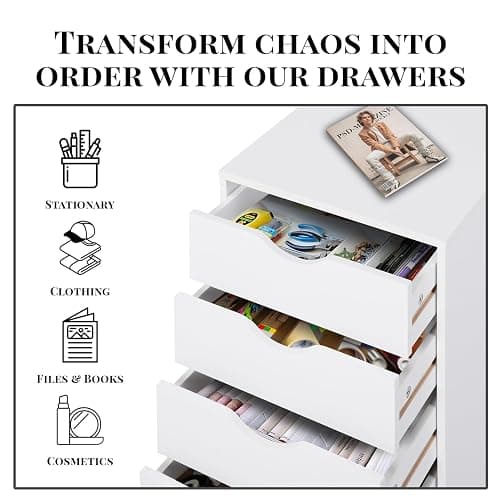 Naomi Home Taylor 5 Drawer Chest, Wood Storage Dresser Cabinet with Wheels, Craft Storage Organization, Makeup Drawer Unit for Closet, Office File Cabinet 180 lbs Total Capacity - White thumbnail 6