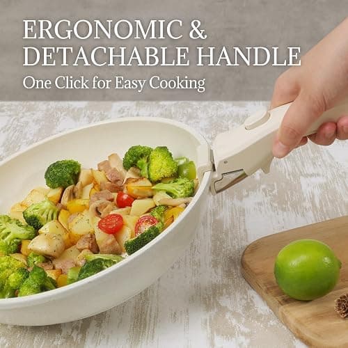 Ceramic Cookware Set Non Stick 8Pcs Pots and Pans Set Detachable Handle Induction Kitchen Cooking Set with Frying Pans Oven Dishwasher Safe, PFAS/PFOA Free, Cream White thumbnail 4
