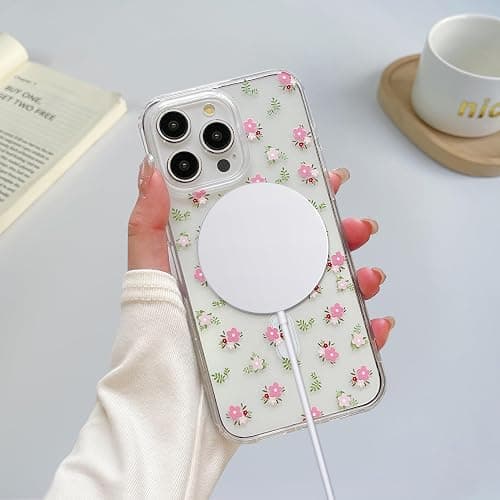 QLTYPRI Magnetic for iPhone 13/14 Case Compatible with Magsafe, Cute Floral Flower Aesthetic Phone Case Slim Clear Anti-Yellowing Shockproof Phone Cover for Girls Women - Pink White thumbnail 4