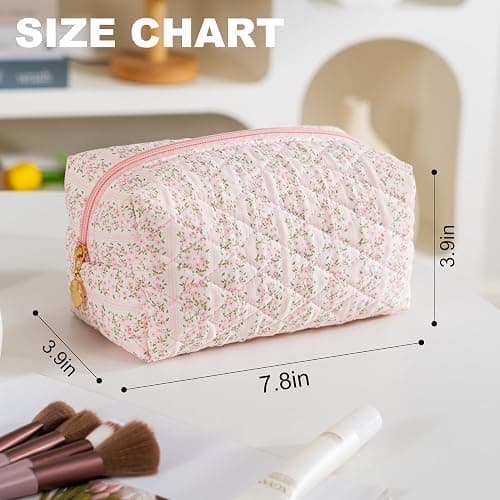 UUYUUY Makeup Bag Travel Toiletry Bag for Women, Small Cosmetic Bags Cute Quilted Cotton Makeup Pouch for Purse Emergency Bag Pencil Case Accessory Bag, Pastel Pink thumbnail 4