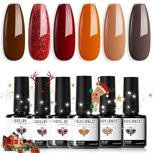Modelones Gel Nail Polish Set, 6 Colors 2025 Christmas Nude Brown Burnt Orange Glitter Gel Polish Dark Red Wine Burgundy Maroon Nail Polish Soak Off Winter Nail Art Manicure Kit DIY Salon Gift - Image 1