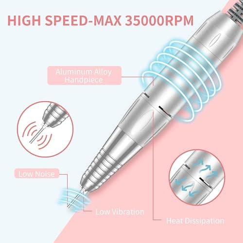MOCOWIND Portable Nail Drill Professional 35000 RPM, Rechargeable Electric Nail File Machine Cordless E-File for Acrylic Gel Polishing Removing with Bits Kit for Manicure Salon Home, Pink thumbnail 4