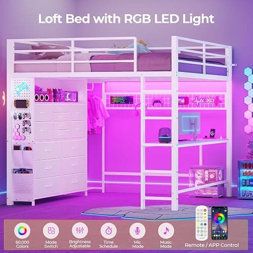 ADORNEVE Full Size Loft Bed with Desk,14 Storage Drawers & Power Outlet, Full Loft Beds with LED Lights, Pegboard, Metal Loft Bed with Safety Guardrail & Ladder, Space Saving for Teens, White thumbnail 3