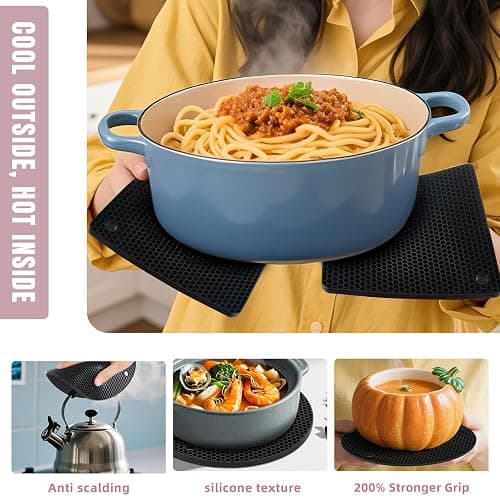 NICESOPIN 4 Pack Silicone Pot Holders & Hot Pads - Heat Resistant Non-Slip Mats for Kitchen Countertops, Trivets for Hot Dishes, Dishwasher Safe & BPA-Free (Black) thumbnail 3