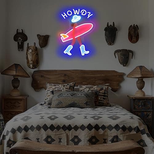 Howdy and Aloha Cowgirl Surf Girl Neon Sign, Howdy Cowgirl wall decor LED Light, Girly Wall Art Neon Sign, Coastal Cowgirl Brown Haired, 11.9"x16.5" thumbnail 8