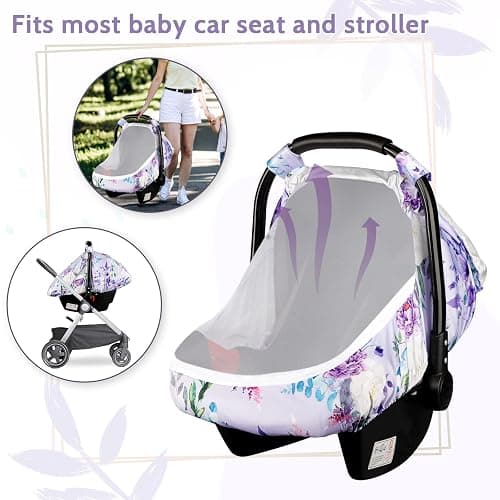 CARUILI Purple Floral Baby Car Seat Cover, Breathable Mesh Window, Sun and Wind Protection, 3 Modes of Use, Waterproof, Nylon, Polyester thumbnail 3