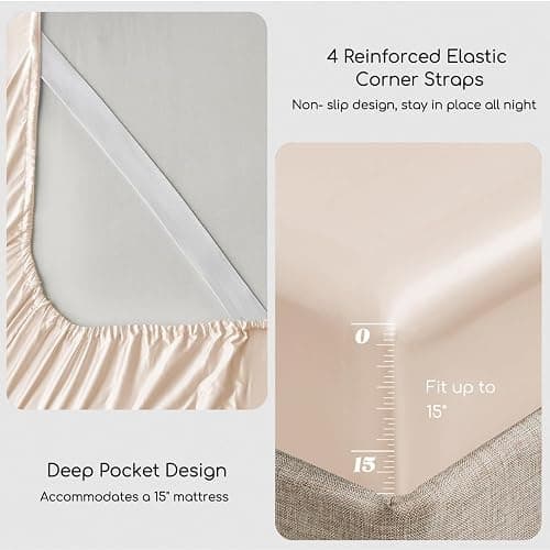 MR&HM Satin Bed Sheets, Queen Size Sheets Set, 4 Pcs Silky Bedding Set with 15 Inches Deep Pocket for Mattress (Queen, Beige) thumbnail 4