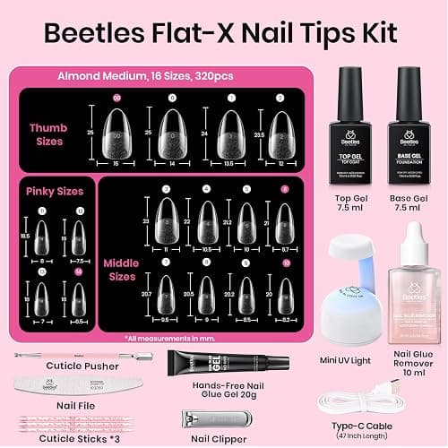 Beetles Gel Nail Kit Flat-X, Almond Medium, 320pcs 16 Sizes Nail Tips | 20g Nail Glue Hand-Free,10ml Glue Remover, 7.5ml Base Gel &Top Coat, Mini Lamp, Acrylic Press On Nail, Extension DIY at Home thumbnail 3
