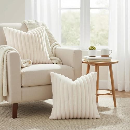 decorUhome Cozy Faux Fur Spring Throw Pillow Covers 20x20 Set of 2 Decorative Soft Plush Striped Modern Farmhouse Boho Couch Pillow Cases with Velvet Back for Sofa Bed Living Room, Cream White thumbnail 4