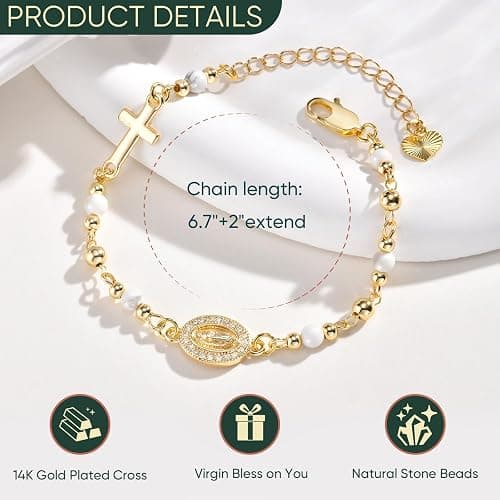 Women's Gold Virgin Mary Bracelet - 14K Gold Plated Religious Cross Bracelet,Dainty Golden Non Tarnish Virgen De Guadalupe Natural Stone Beaded Jewelry,Catholic Faith Baptism Confirmation Gift for Her thumbnail 4
