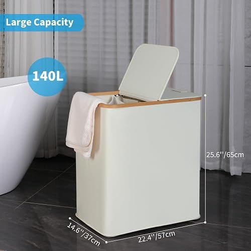 efluky Laundry Hamper with Lid, Double Laundry Hamper with 2 Removable Bags, 2 Section Laundry Basket with Bamboo Handles for Bathroom, Bedroom & Laundry Room, 140L (36.9 Gallon) Beige thumbnail 3