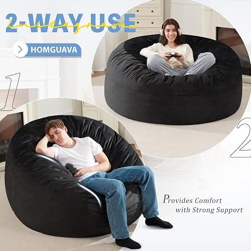 Homguava 5FT Bean Bag Chair Giant BeanBag with Memory Foam Filled, Comfy Bean Bag Chairs for Adults, Adult Bean Bag Chair with Dutch Velvet Cover for Living Room Bedroom-Black thumbnail 7