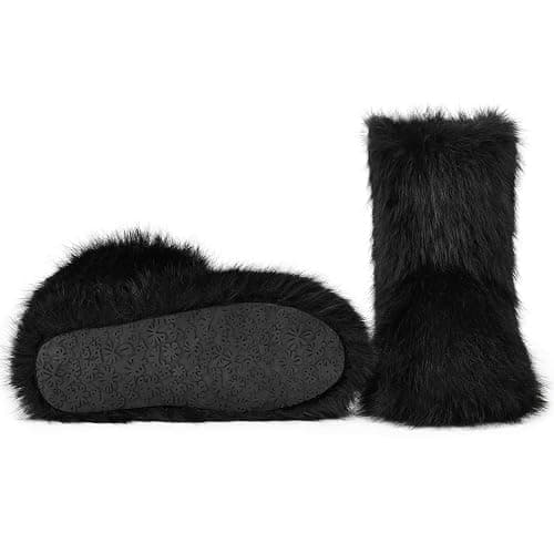 QLR Faux Fur Boots for Women Furry Fuzzy Fluffy Boots Round Toe Mid-Calf Winter Snow Boots Comfortable Outdoor Flat Shoes thumbnail 5