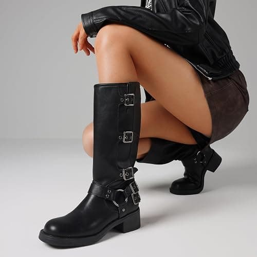 AMINUGAL Knee High Boots Women Square Toe Pull On Wide Calf Riding Fashion Buckles Chunky Metallic Casual Vintage Buckle Rivet thumbnail 4