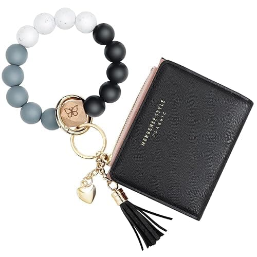 Keychain Bracelet Wristlet with Wallet Card Holder Pocket,Tassel Keychain Bangle Key Ring for Women - Image 1