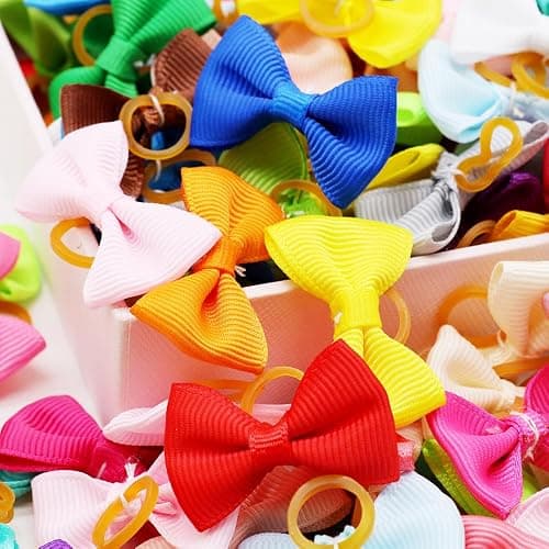 100Pcs(50 Pairs) Soft Dog Bow with Rubber Bands Solid Color Dog Bowknot Hair Bow Handmade Topknot Bows for Doggie Puppy Cat Bunny Yorkie Pet Hair Grooming Bows (Mix-Solid 30 Colors) thumbnail 4