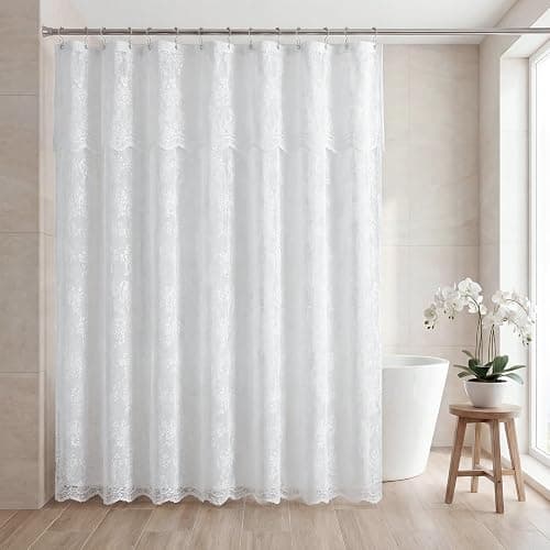 Nesphy Lace Shower Curtain with Liner Set, White 3-in-1 Shower Curtain with Attached Valance, Floral Vintage Sheer Scalloped French Country Bathroom Decor, Includes 12 Stainless Steel Hooks, 72 x 72 thumbnail 7