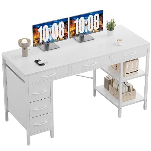 Sweetcrispy 55" Computer Desk with 6 Drawers, Home Office Gaming Desks with Storage Shelves for Bedroom, Writing Study Corner Living Room Work Table White - Image 1