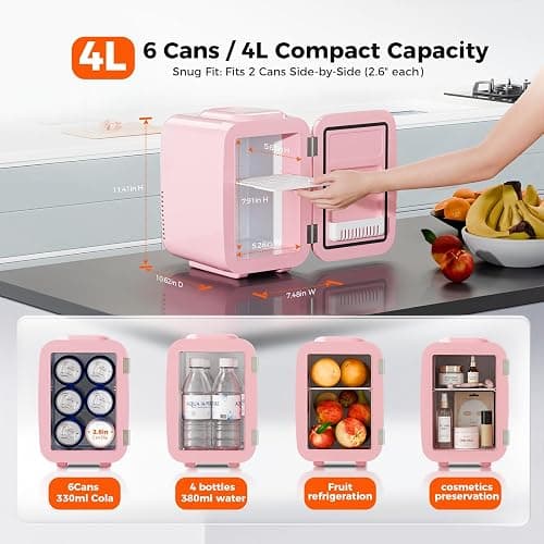 YASHE Mini Fridge, 4 Liter/6 Cans Portable Cooler and Warmer, AC/DC Power Small Fridge, Quiet Desk Skincare Fridge for Beauty Drinks Medicine, Mini Fridge for Bedrooms Office Dorm Car Travel, Pink thumbnail 6