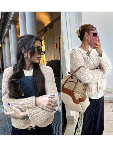 Arssm Womens Cropped Cardigan Sweaters Chunky Open Front Button Down Knit Sweater Long Sleeve Loose Cardigan Outerwear thumbnail 7