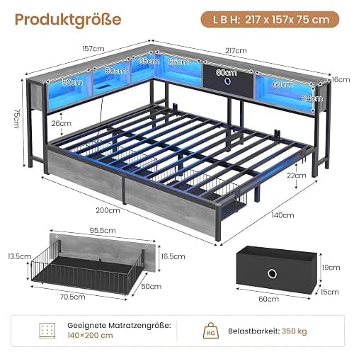 DICTAC Jugendbett 140x200 mit LED-Beleuchtung und Ladestation, Schlafsofa 140 x 200 mit stauraum-6 Staufächern und 2 Schubladen, Tagesbett mit Lattenrost aus Metall, Eichenasche | LED-Beleuchtung thumbnail 3