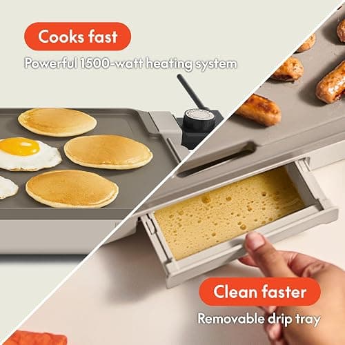 bella 10" x 20" Electric Griddle with EverGood™ Ceramic Nonstick Coating, Removable Temperature Probe, Dishwasher-Safe Drip Tray & Cool Touch Handles, Cook up to 10 Eggs, 1500 Watt, Oatmilk thumbnail 5