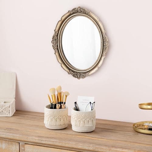 Mkono Macrame Makeup Brush Holder Organizer Comb Brushes Mini Storage Basket Set of 2 Boho Decor Baskets for Pen Pencil Box Container ,Ivory thumbnail 2